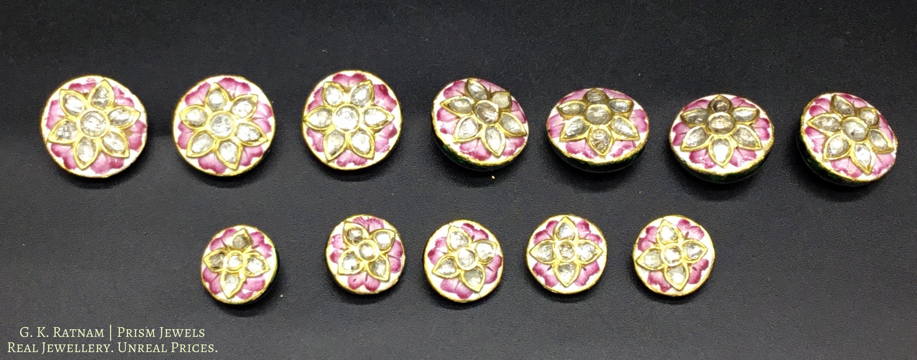 23k Gold and Diamond Polki pink enamel Sherwani Buttons for Men - gold diamond polki kundan meena jadau jewellery