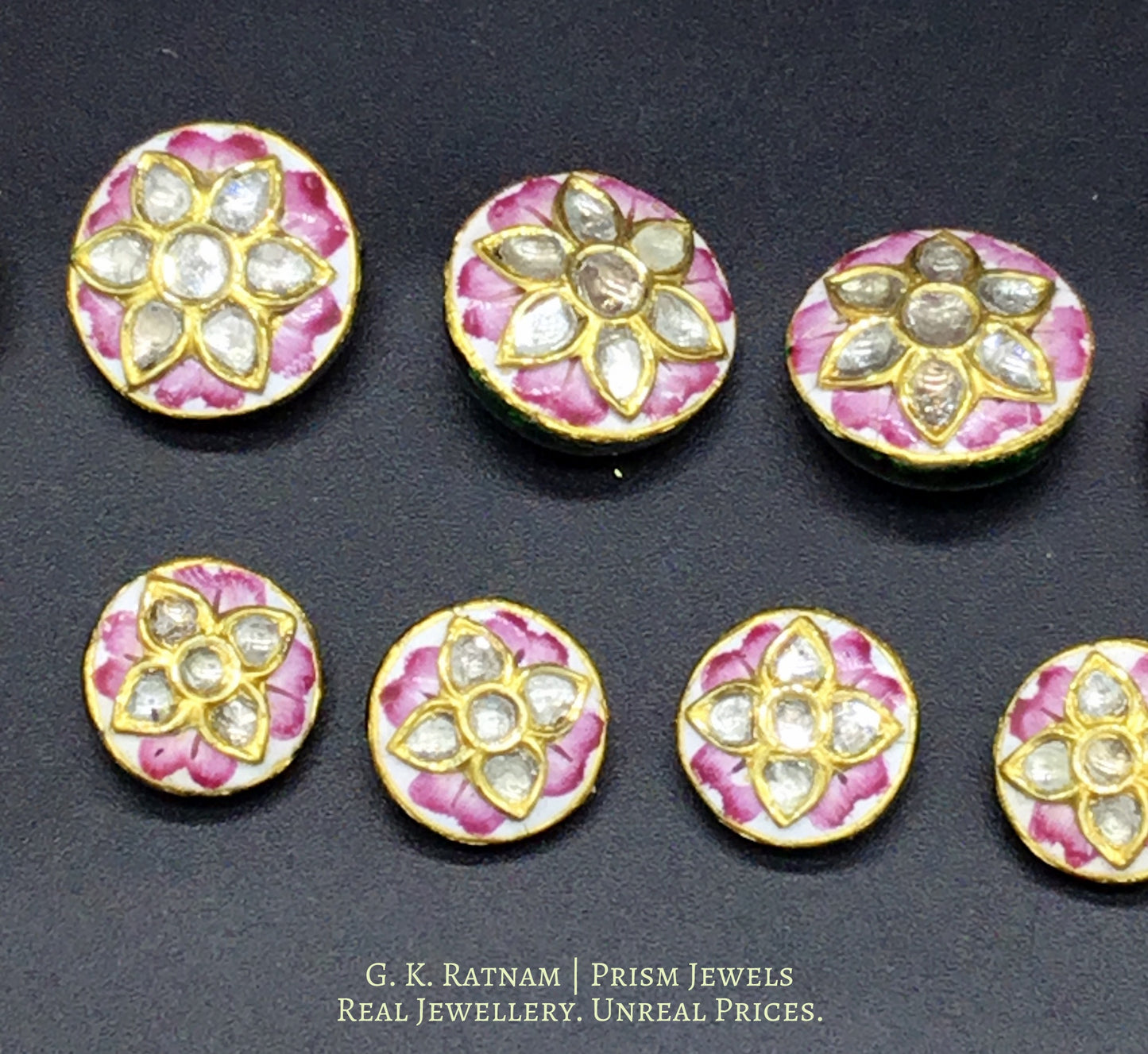 23k Gold and Diamond Polki pink enamel Sherwani Buttons for Men - gold diamond polki kundan meena jadau jewellery
