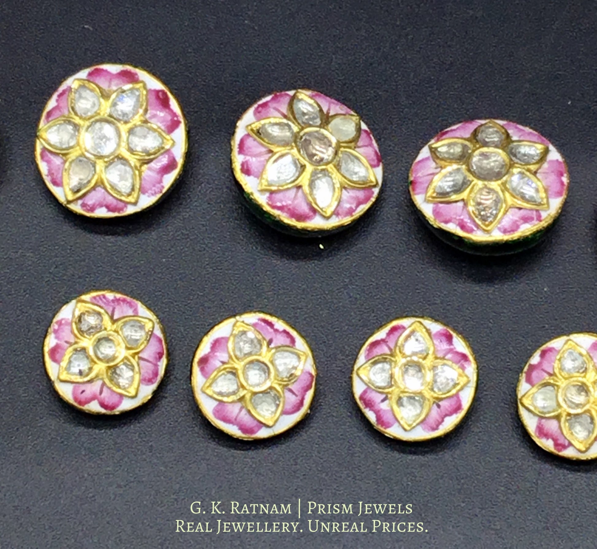 23k Gold and Diamond Polki pink enamel Sherwani Buttons for Men - gold diamond polki kundan meena jadau jewellery