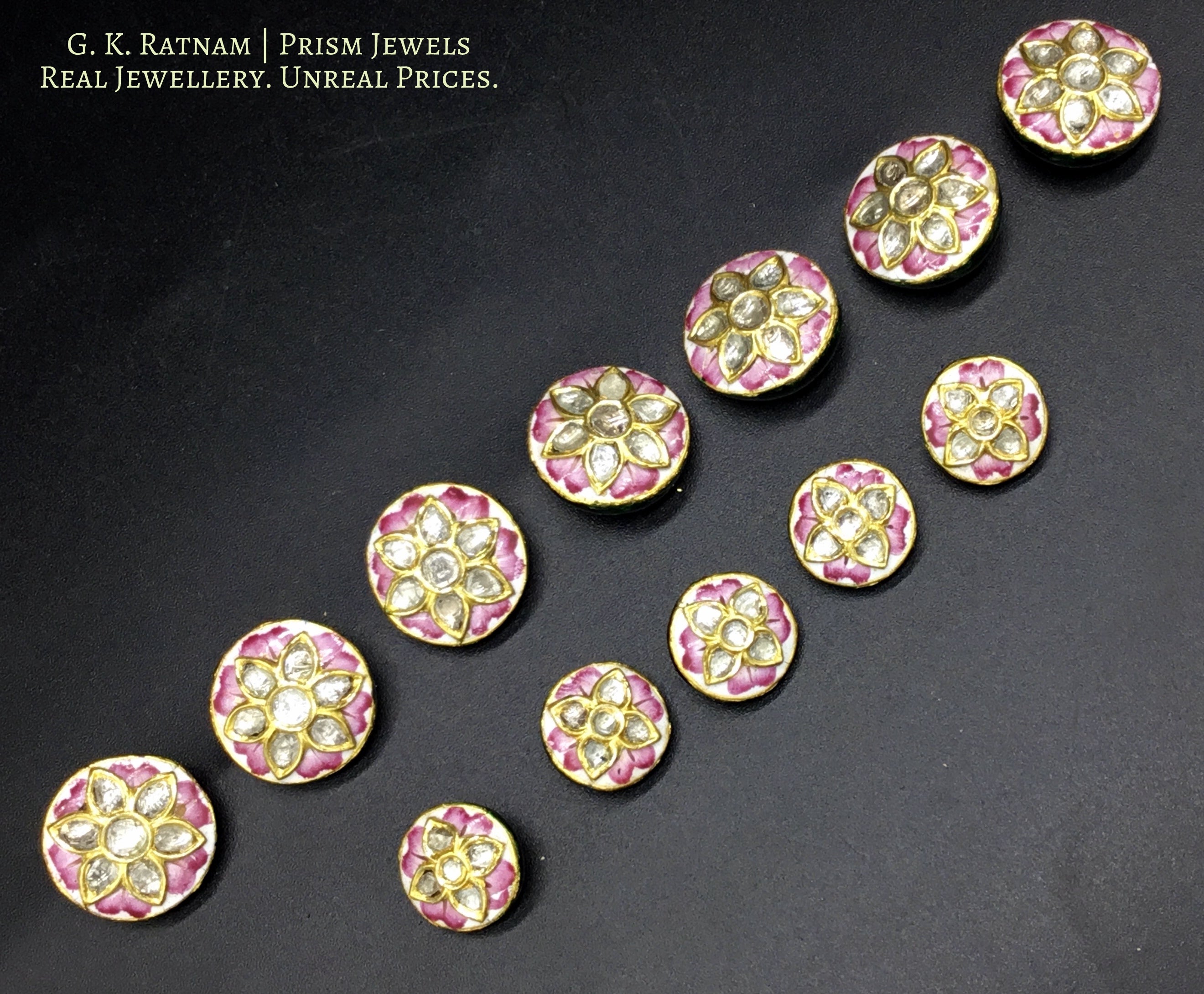 23k Gold and Diamond Polki pink enamel Sherwani Buttons for Men - gold diamond polki kundan meena jadau jewellery