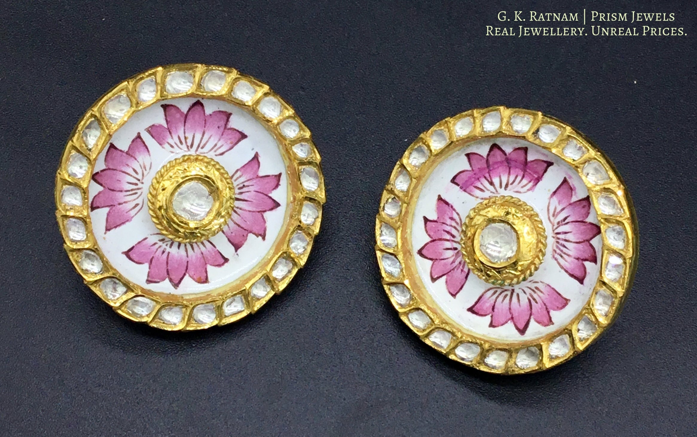 18k Gold and Diamond Polki Karanphool Earring Pair with intricate pink enamelling - gold diamond polki kundan meena jadau jewellery