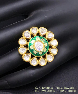 18k Gold and Diamond Polki Round Ring with green floral enamel - gold diamond polki kundan meena jadau jewellery