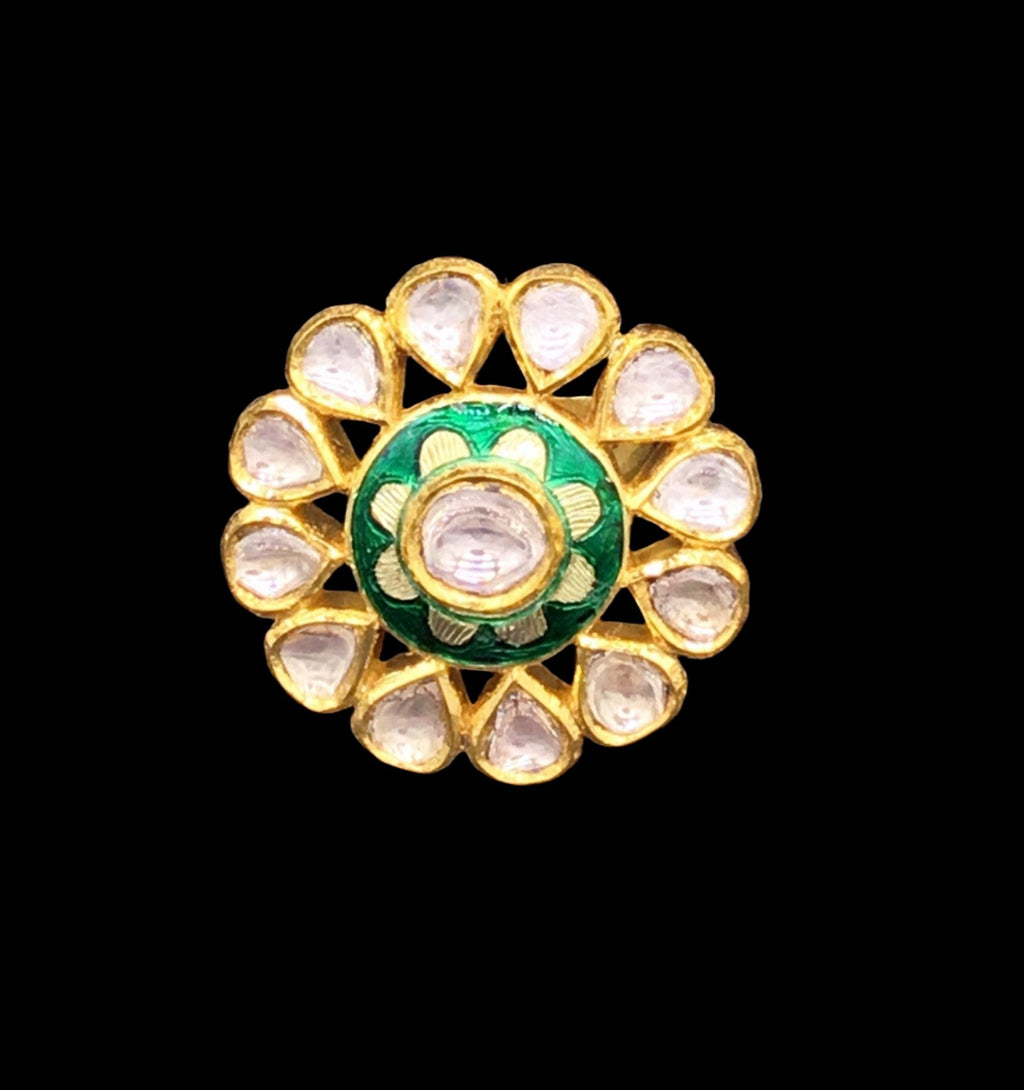 18k Gold and Diamond Polki Round Ring with green floral enamel - gold diamond polki kundan meena jadau jewellery