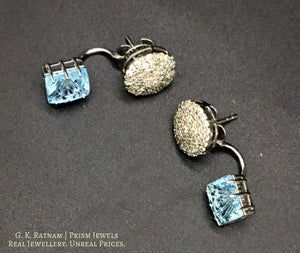 14k Gold and Diamond Tops / Studs Earring Pair with aquamarine-blue stones - gold diamond polki kundan meena jadau jewellery