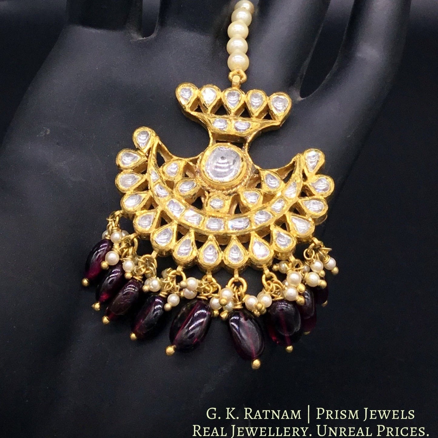 18k Gold and Diamond Polki pankhi (fan) Maang Tika with Natural Mozambique Garnets - gold diamond polki kundan meena jadau jewellery