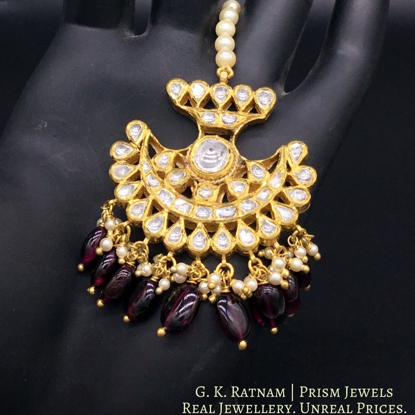18k Gold and Diamond Polki pankhi (fan) Maang Tika with Natural Mozambique Garnets - gold diamond polki kundan meena jadau jewellery