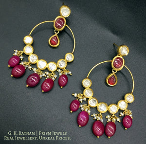 18k Gold and Diamond Polki hoop-style Chand Bali Earring pair with rubies - gold diamond polki kundan meena jadau jewellery