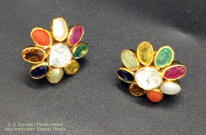 14k Gold and Diamond Polki Open Setting Navratna Tops / Studs Earring Pair - gold diamond polki kundan meena jadau jewellery