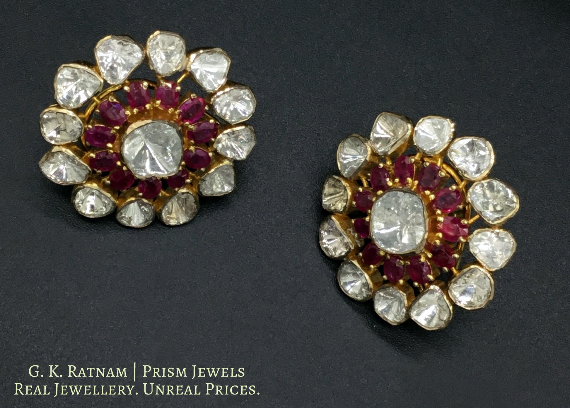 14k Gold and Diamond Polki Open Setting Karanphool Earring Pair with Rubies - gold diamond polki kundan meena jadau jewellery