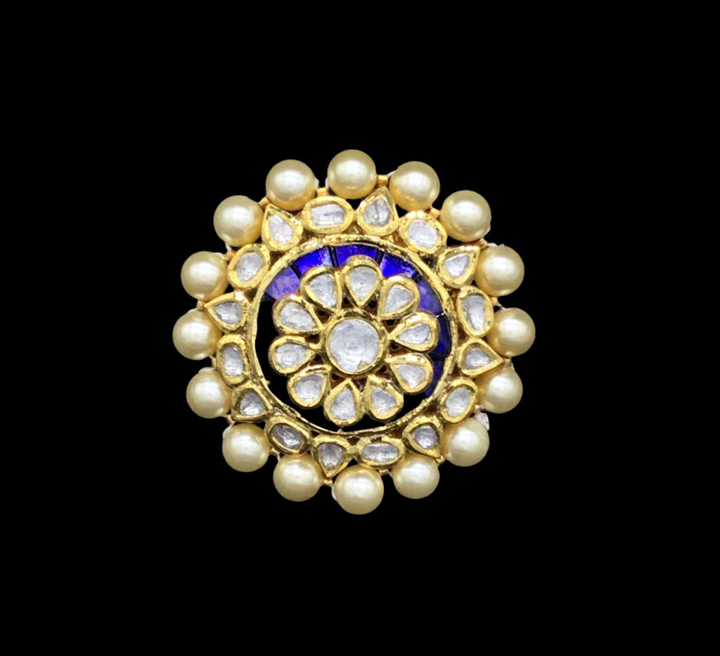 Traditional Gold and Diamond Polki three-dimensional Blue Cocktail Ring - gold diamond polki kundan meena jadau jewellery