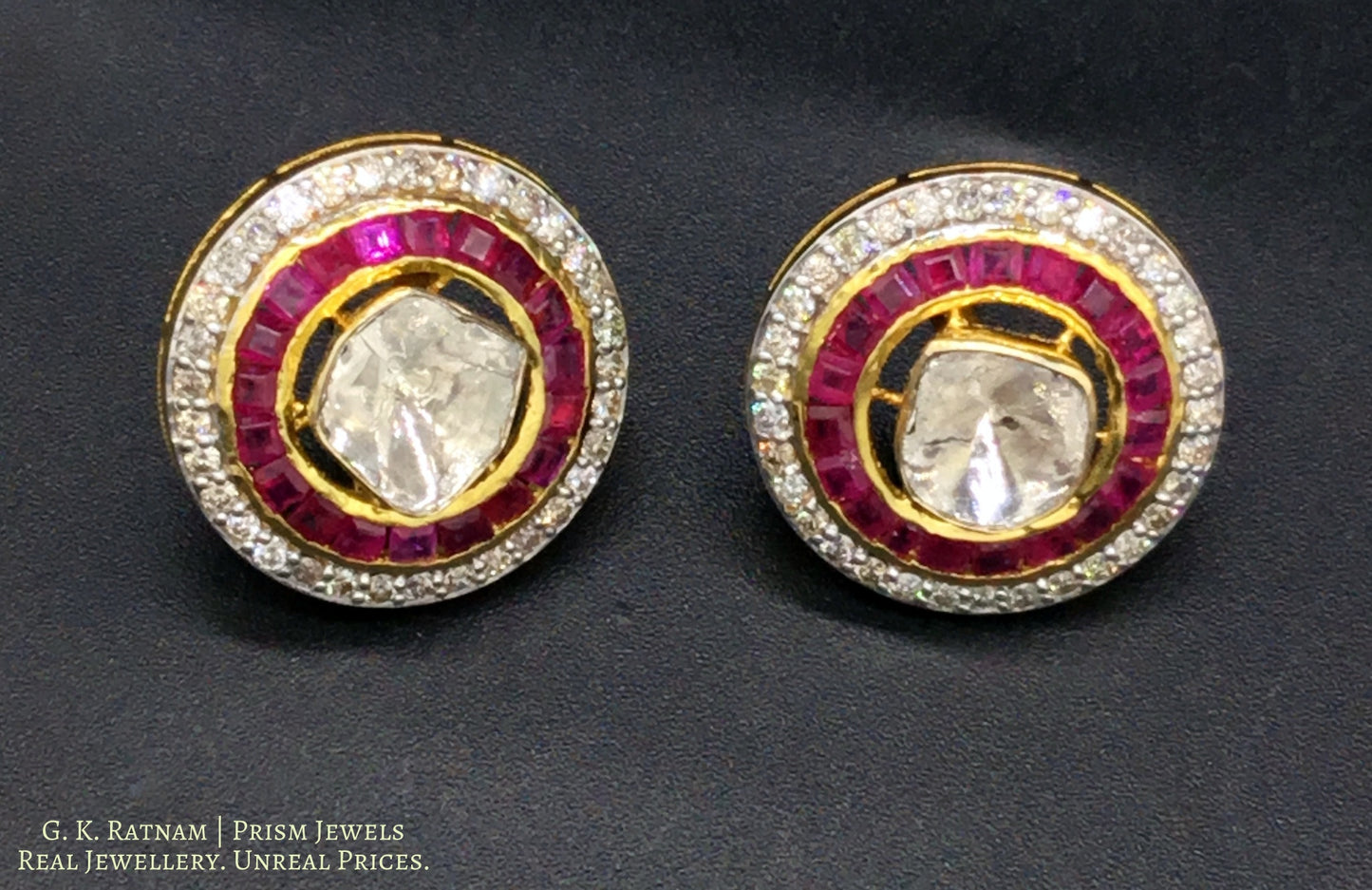 14k Gold and Diamond Polki Open Setting Tops / Studs Earring Pair with big uncuts encased in concentric ruby and diamond rims - gold diamond polki kundan meena jadau jewellery