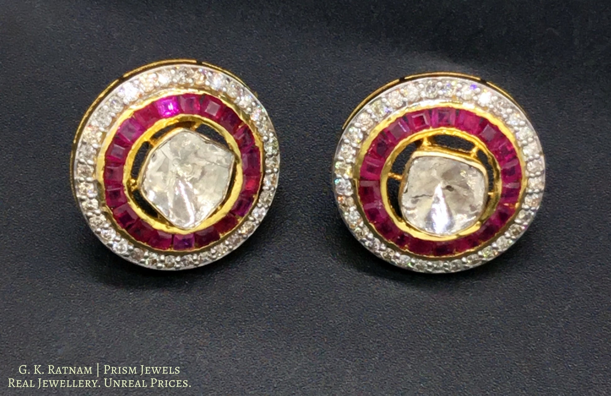 14k Gold and Diamond Polki Open Setting Tops / Studs Earring Pair with big uncuts encased in concentric ruby and diamond rims - gold diamond polki kundan meena jadau jewellery