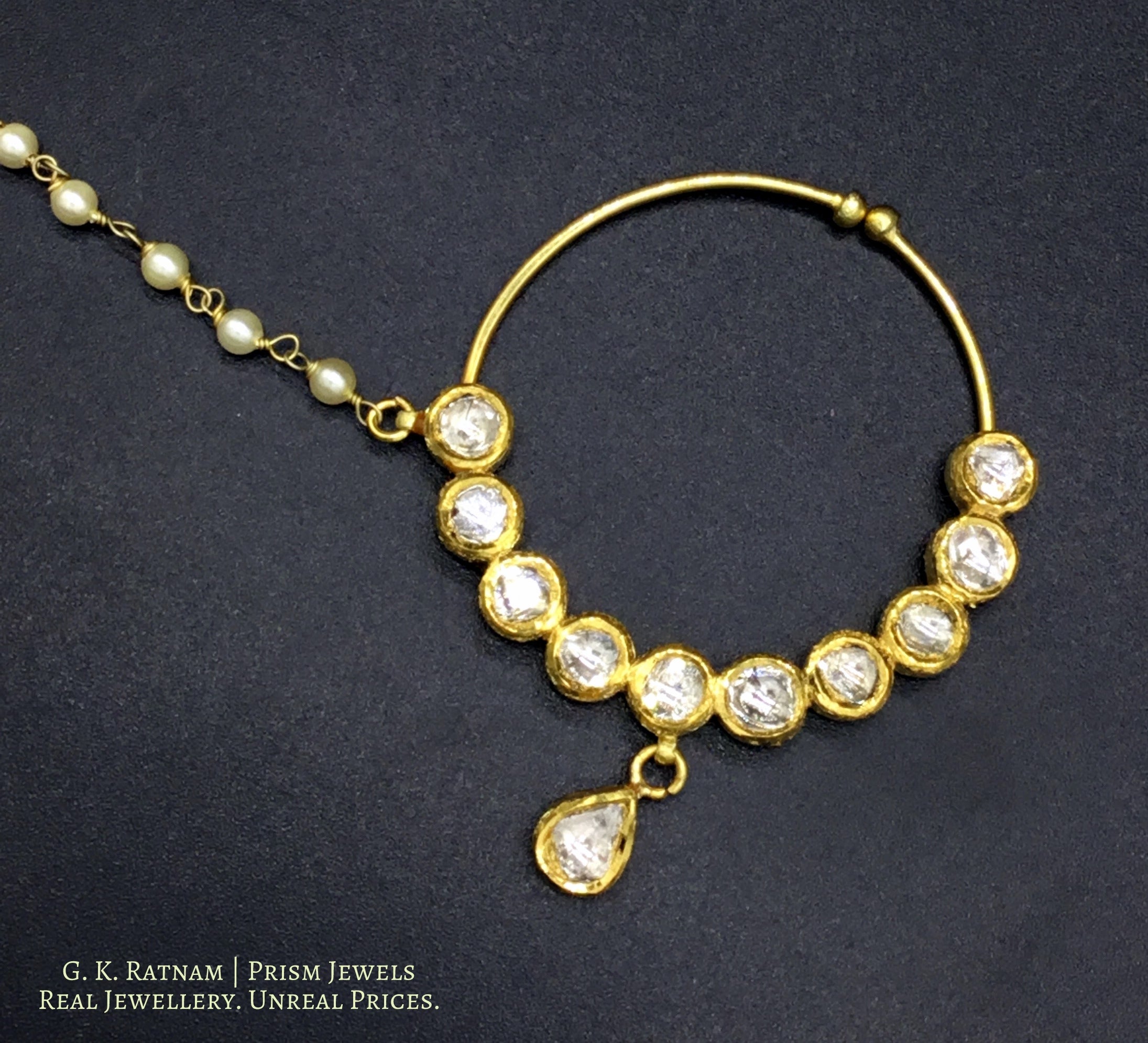 18k Gold and Diamond Polki Nose Ring with uncut rounds - gold diamond polki kundan meena jadau jewellery