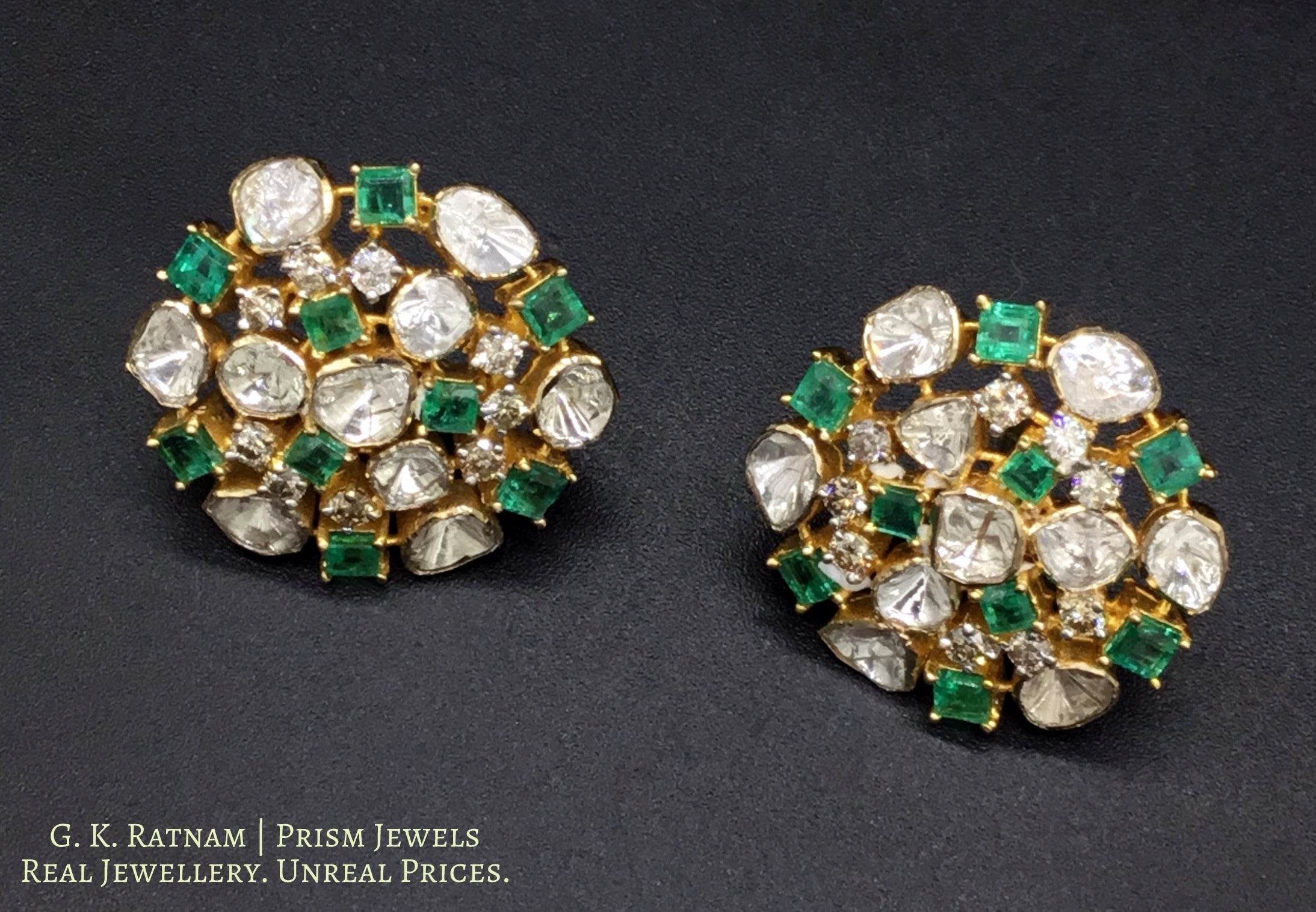 14k Gold and Diamond Polki Open Setting Karanphool Earring Pair with Natural Emerald Chawkis (squares) - gold diamond polki kundan meena jadau jewellery