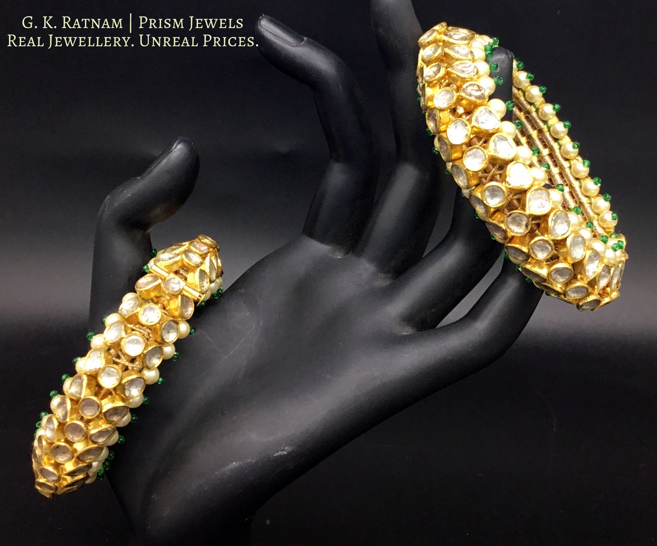 18k Gold and Diamond Polki Flexible Bracelet Pair (Paunchi / Ponchi) - gold diamond polki kundan meena jadau jewellery