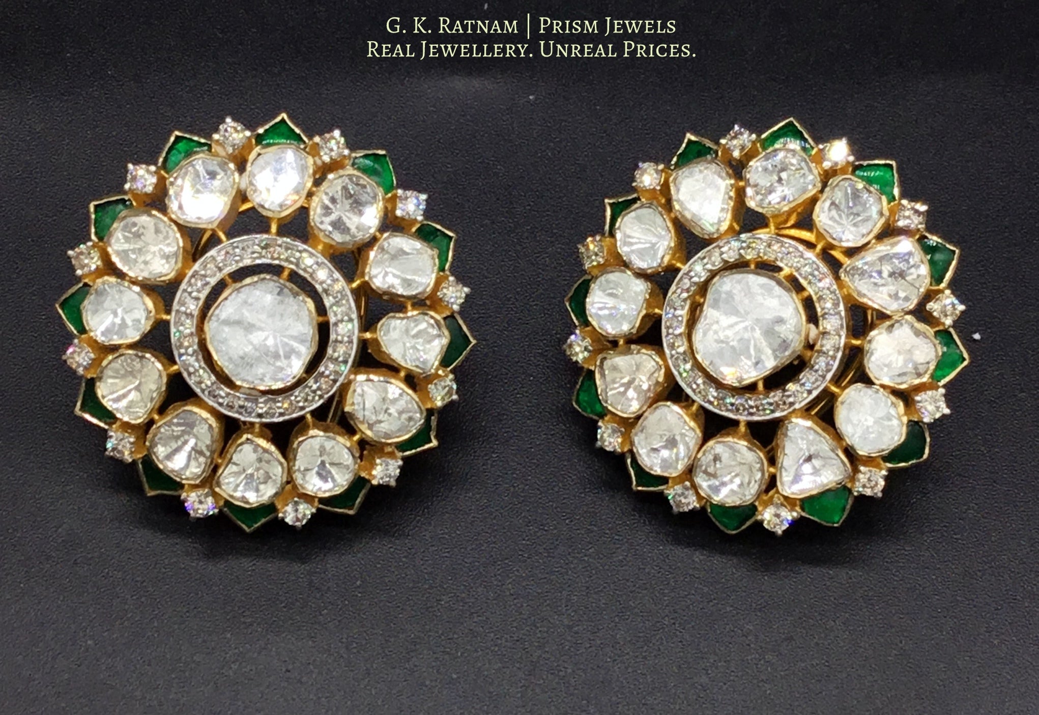 14k Gold and Diamond Polki Open Setting Karanphool Earring Pair with emerald-grade green stones - gold diamond polki kundan meena jadau jewellery