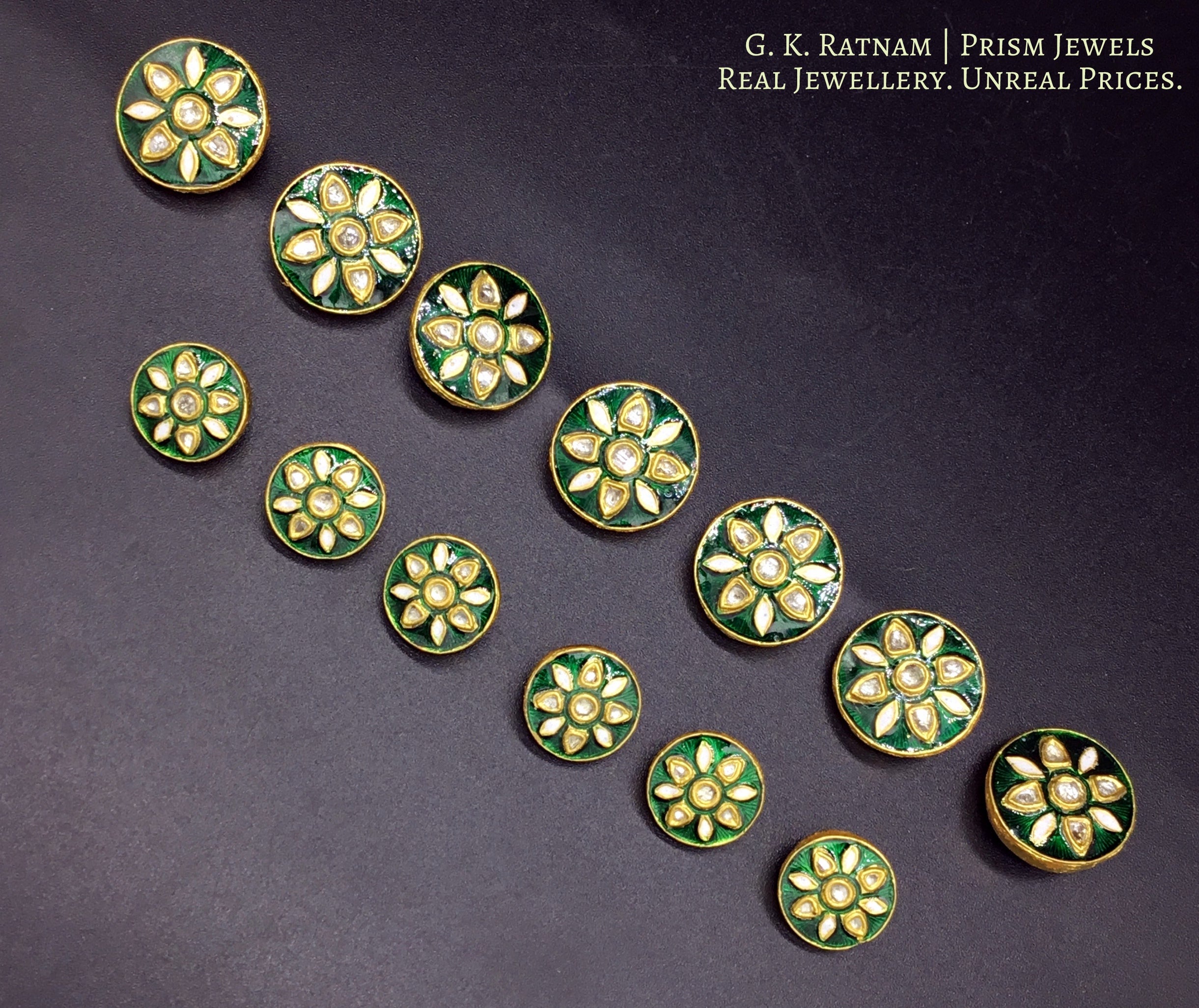 23k Gold and Diamond Polki green enamel Sherwani Buttons for Men - gold diamond polki kundan meena jadau jewellery