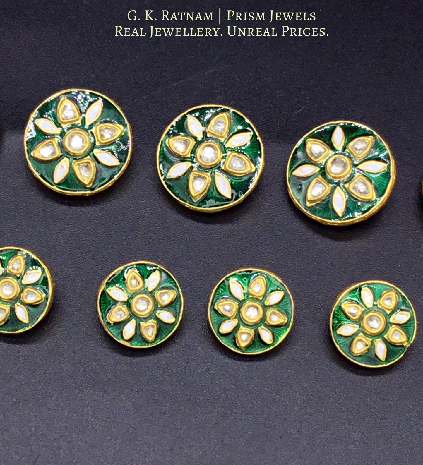 23k Gold and Diamond Polki green enamel Sherwani Buttons for Men - gold diamond polki kundan meena jadau jewellery