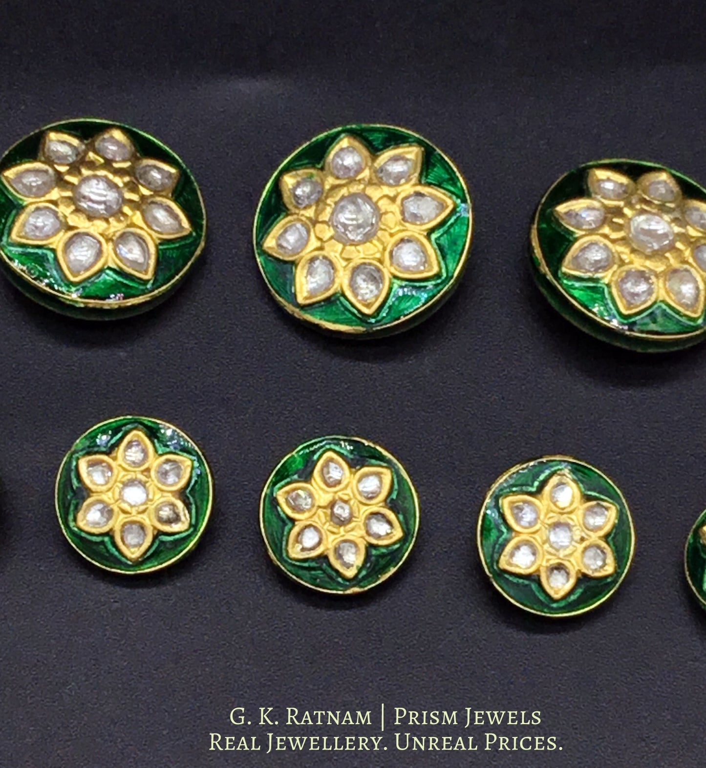 23k Gold and Diamond Polki green meena Sherwani Buttons for Men - gold diamond polki kundan meena jadau jewellery