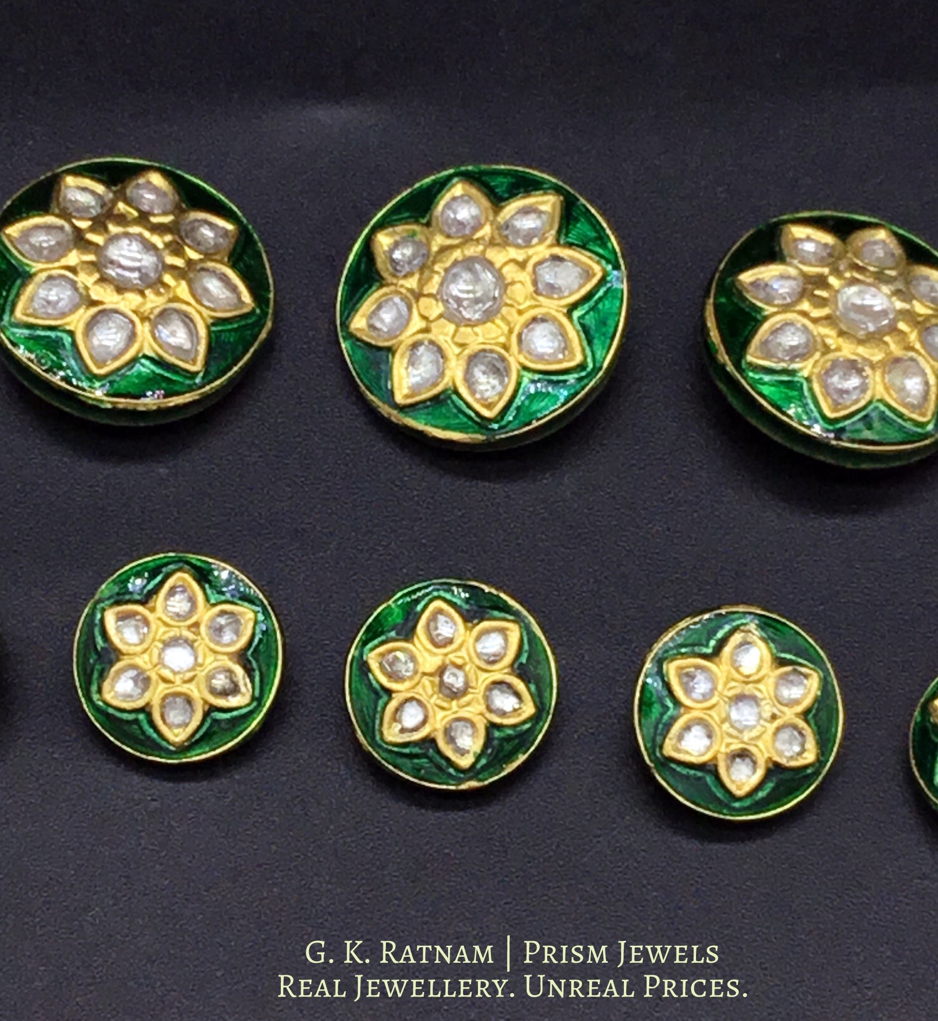 23k Gold and Diamond Polki green meena Sherwani Buttons for Men - gold diamond polki kundan meena jadau jewellery