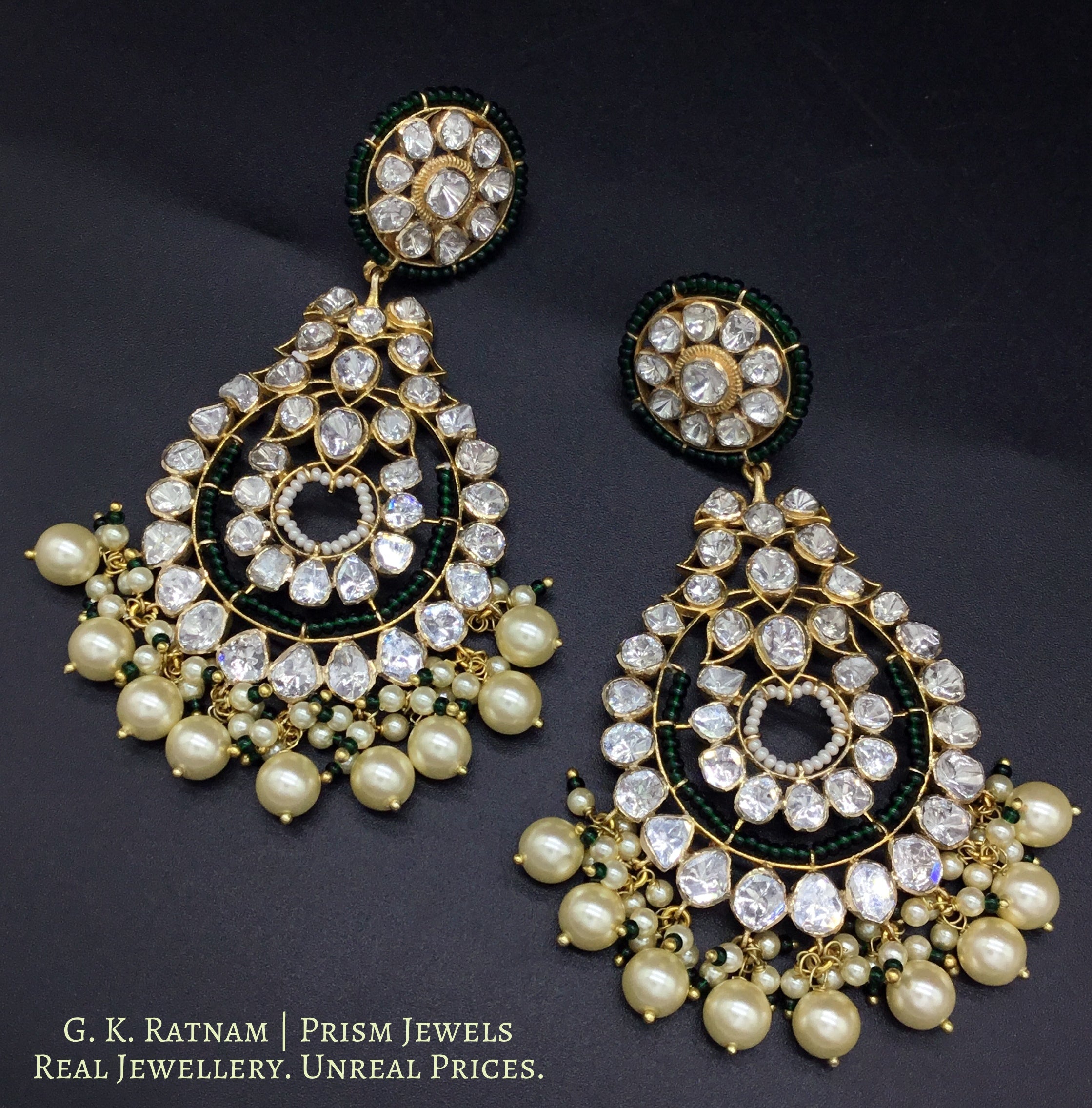 14k Gold and Diamond Polki Open Setting Chand Bali Earring pair with triple-coated shell pearls and a touch of dark green - gold diamond polki kundan meena jadau jewellery