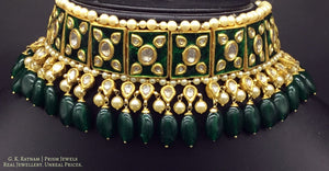23k Gold and Diamond Polki Choker Necklace Set with green meenakari and emerald-grade green beryls - gold diamond polki kundan meena jadau jewellery