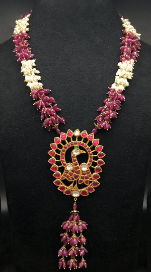 22k Gold and Diamond Polki south-style Peacock Pendant with Natural Rubies and Freshwater Pearls - G. K. Ratnam