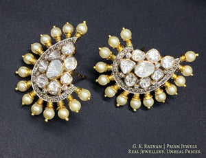 14k Gold and Diamond Polki crescent-shaped Open Setting Karanphool Earring Pair with Pearl Spikes - gold diamond polki kundan meena jadau jewellery
