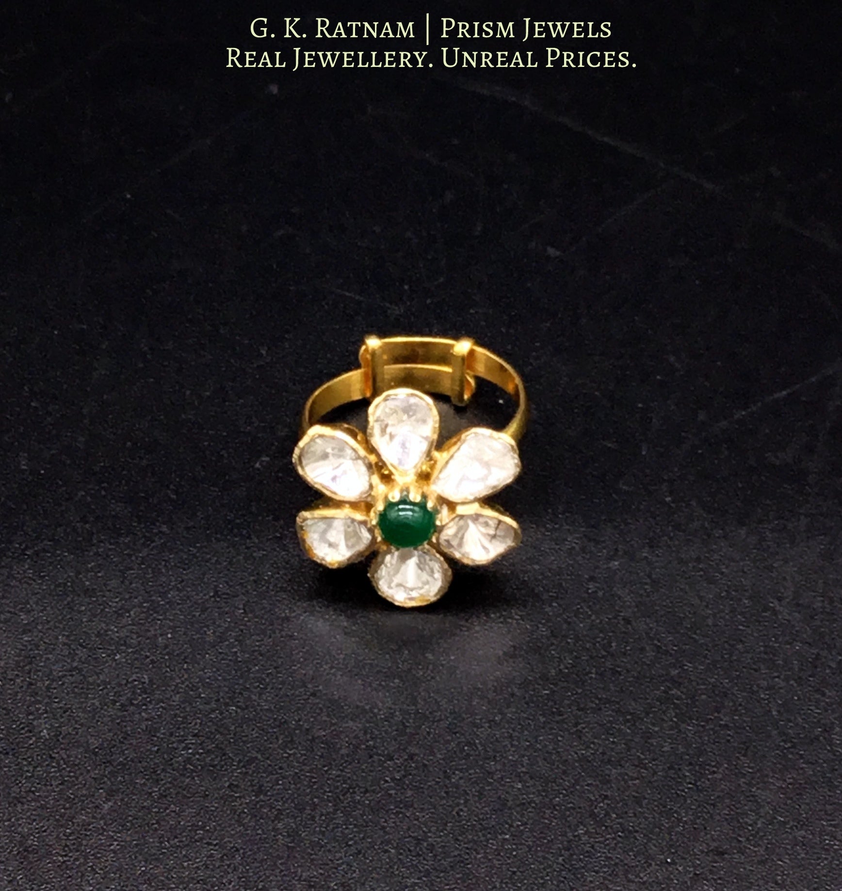 14k Gold and Diamond Polki Open Setting floral Ring with emerald center - gold diamond polki kundan meena jadau jewellery