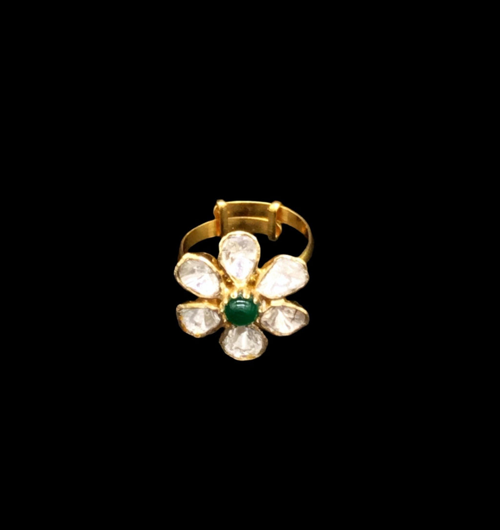 14k Gold and Diamond Polki Open Setting floral Ring with emerald center - gold diamond polki kundan meena jadau jewellery