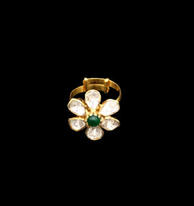14k Gold and Diamond Polki Open Setting floral Ring with emerald center - gold diamond polki kundan meena jadau jewellery