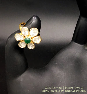14k Gold and Diamond Polki Open Setting floral Ring with emerald center - gold diamond polki kundan meena jadau jewellery