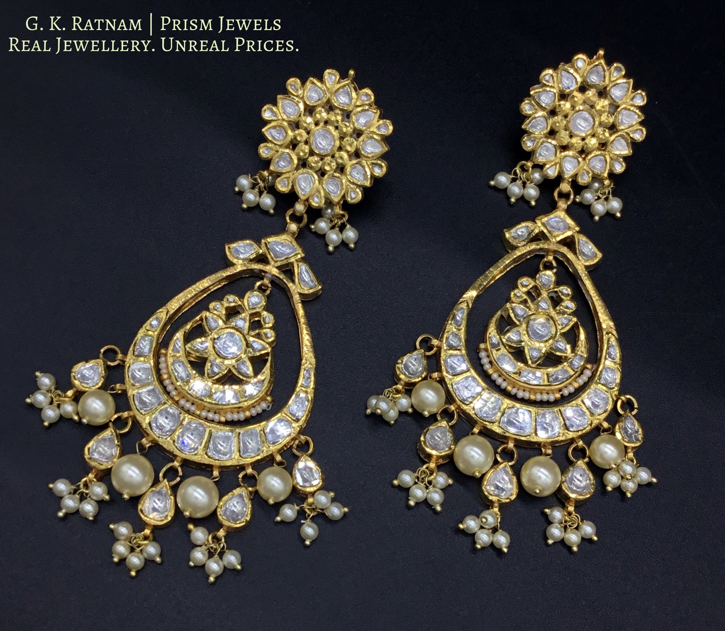 Traditional Gold and Diamond Polki Chand Bali Earring Pair with triple-coated shell pearls - gold diamond polki kundan meena jadau jewellery