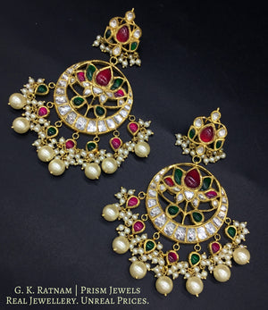 18k Gold and Diamond Polki Chand Bali Earring Pair with Ruby & Emerald grade color stones - gold diamond polki kundan meena jadau jewellery