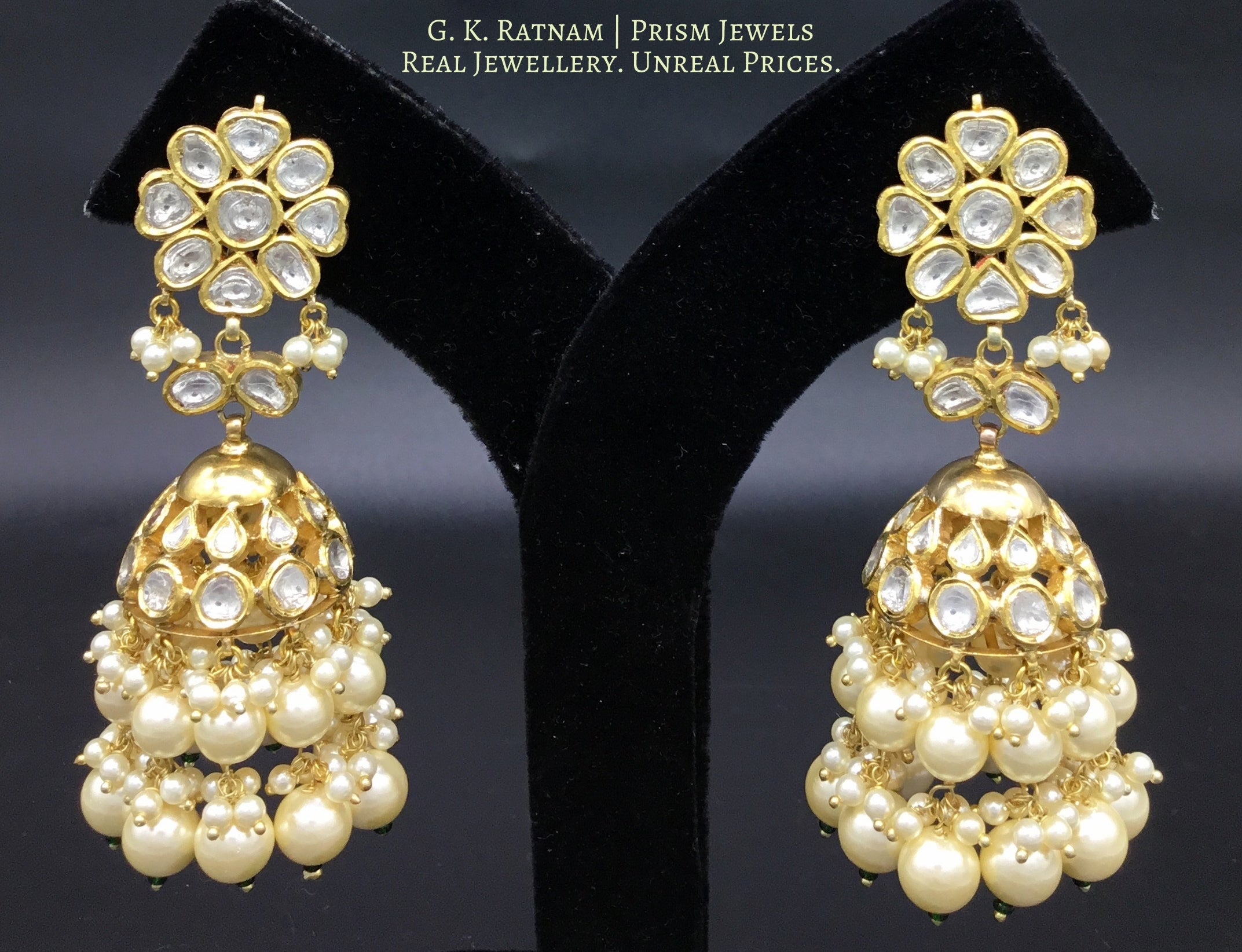Traditional Gold and Diamond Polki Jhumki Earring Pair with triple-coated shell pearls - gold diamond polki kundan meena jadau jewellery