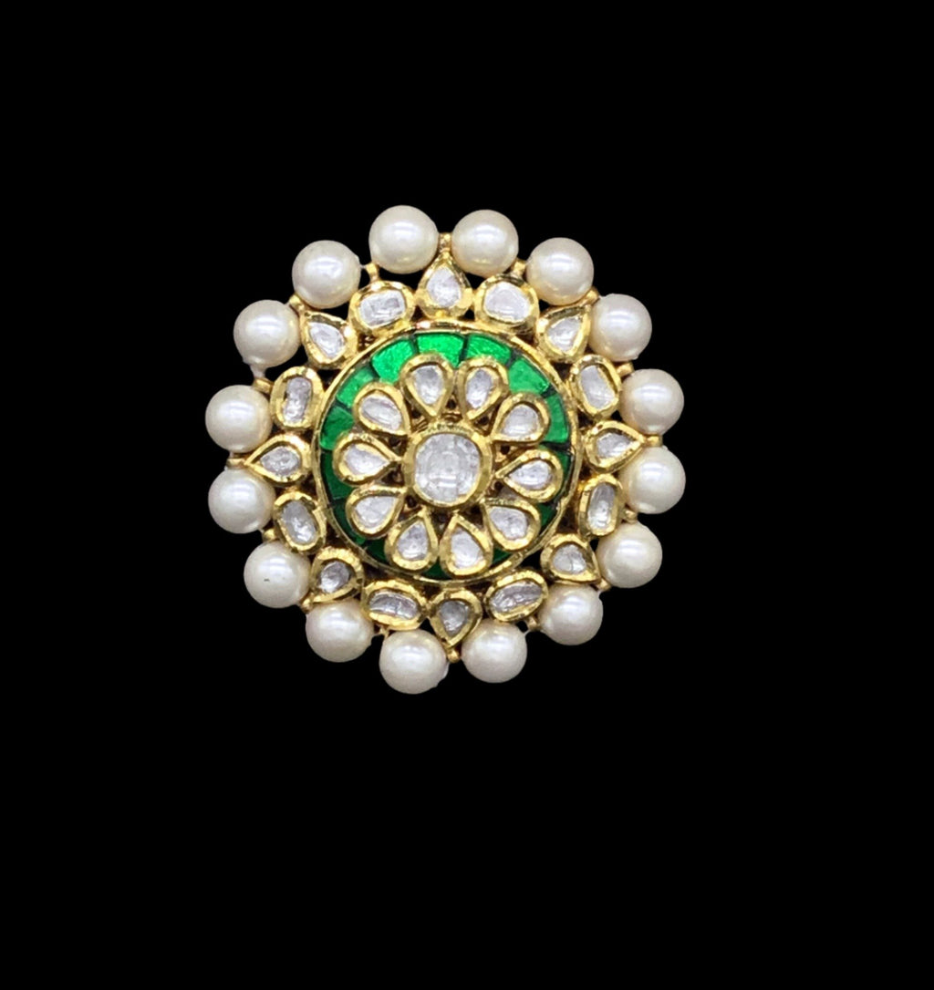 Traditional Gold and Diamond Polki three-dimensional Green Cocktail Ring - gold diamond polki kundan meena jadau jewellery