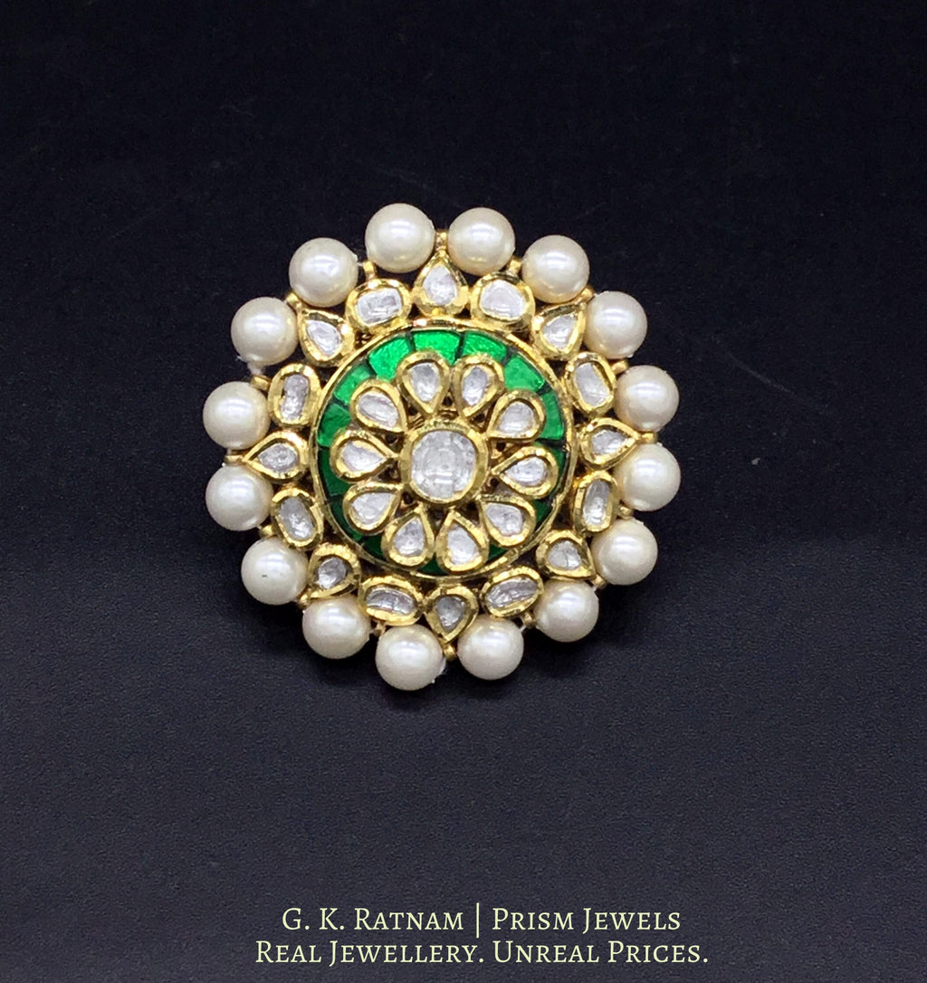 Traditional Gold and Diamond Polki three-dimensional Green Cocktail Ring - gold diamond polki kundan meena jadau jewellery