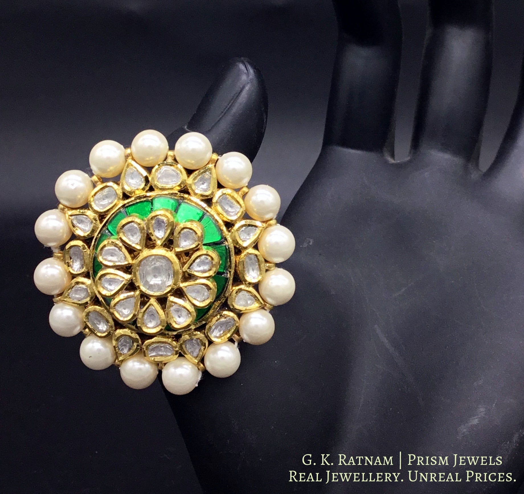 Traditional Gold and Diamond Polki three-dimensional Green Cocktail Ring - gold diamond polki kundan meena jadau jewellery