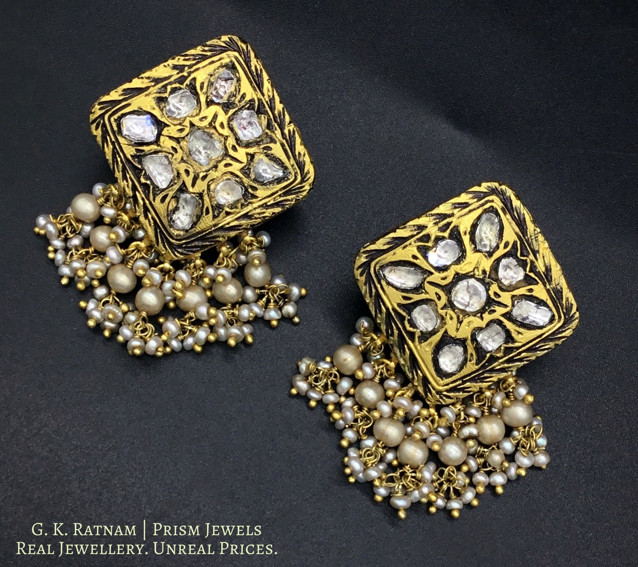 23k Gold and Diamond Polki vintage square Pendant Set with antiqued hyderabadi pearl chains - gold diamond polki kundan meena jadau jewellery