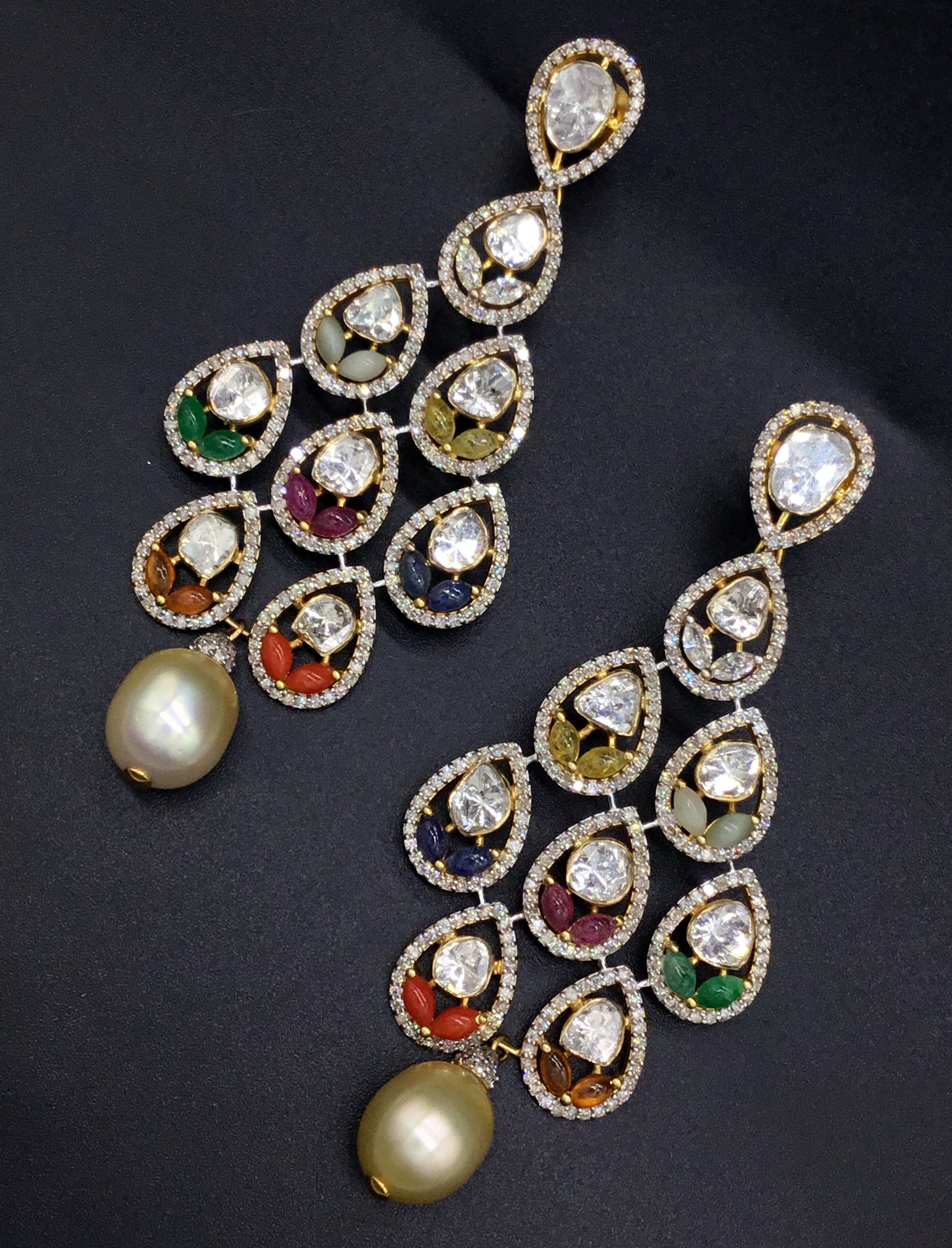 14k Gold and Diamond Polki Open Setting Long Earring Pair with Navratna Stones - gold diamond polki kundan meena jadau jewellery