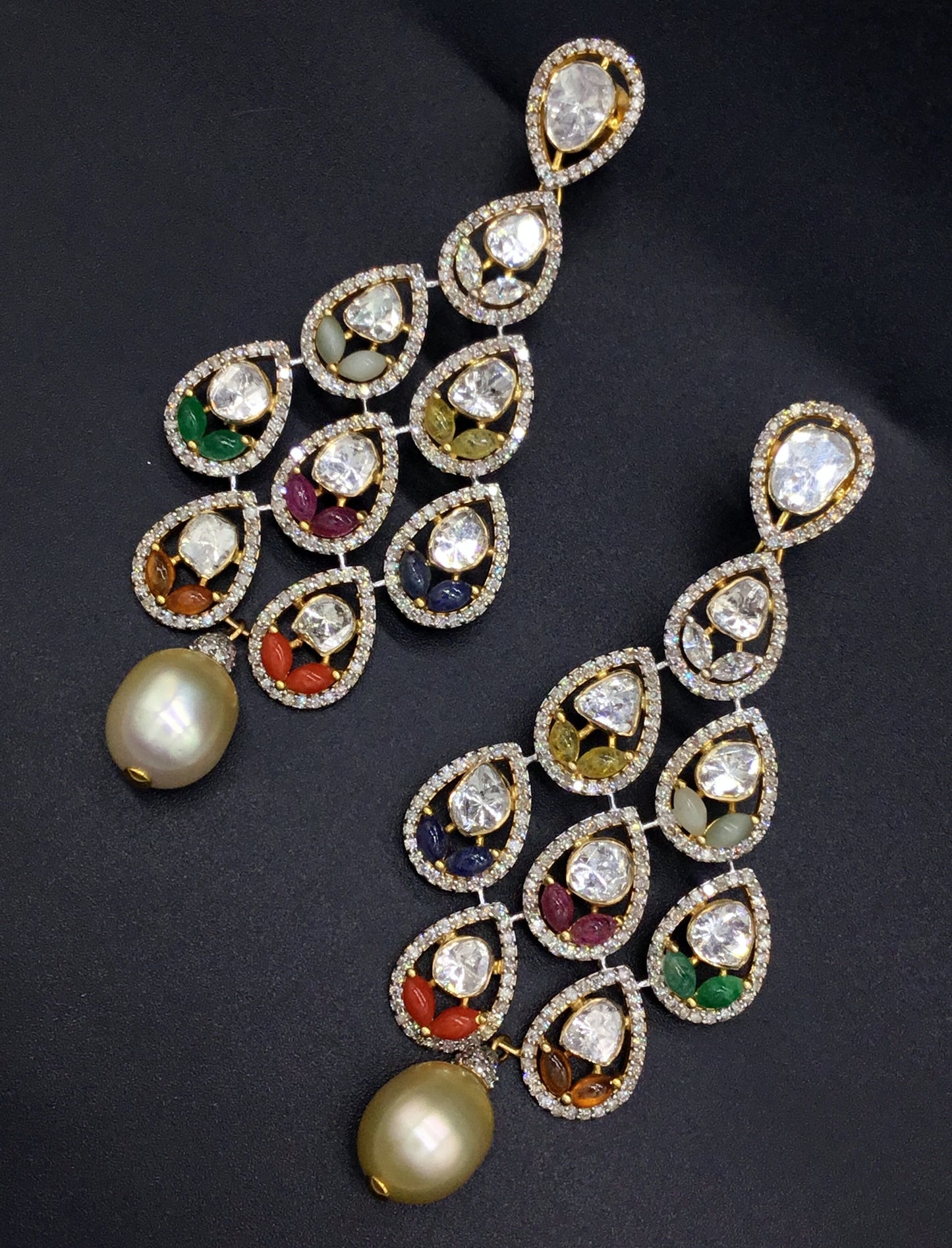 14k Gold and Diamond Polki Open Setting Long Earring Pair with Navratna Stones - gold diamond polki kundan meena jadau jewellery