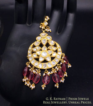 18k Gold and Diamond Polki Maang Tika with tourmaline-pink stones - gold diamond polki kundan meena jadau jewellery