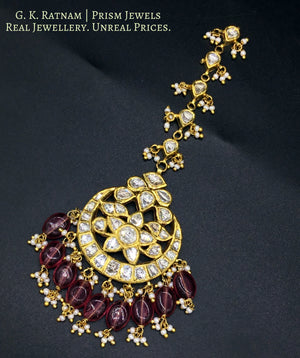 18k Gold and Diamond Polki Maang Tika with tourmaline-pink stones - gold diamond polki kundan meena jadau jewellery