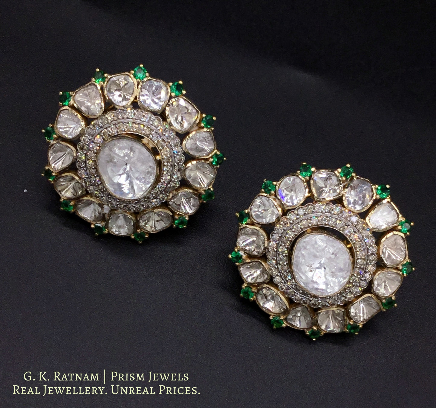 14k Gold and Diamond Polki Open Setting Karanphool Earring Pair with big uncut center - gold diamond polki kundan meena jadau jewellery