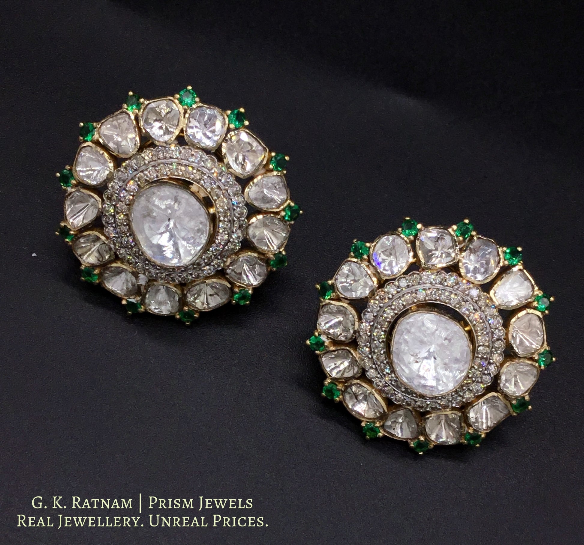 14k Gold and Diamond Polki Open Setting Karanphool Earring Pair with big uncut center - gold diamond polki kundan meena jadau jewellery