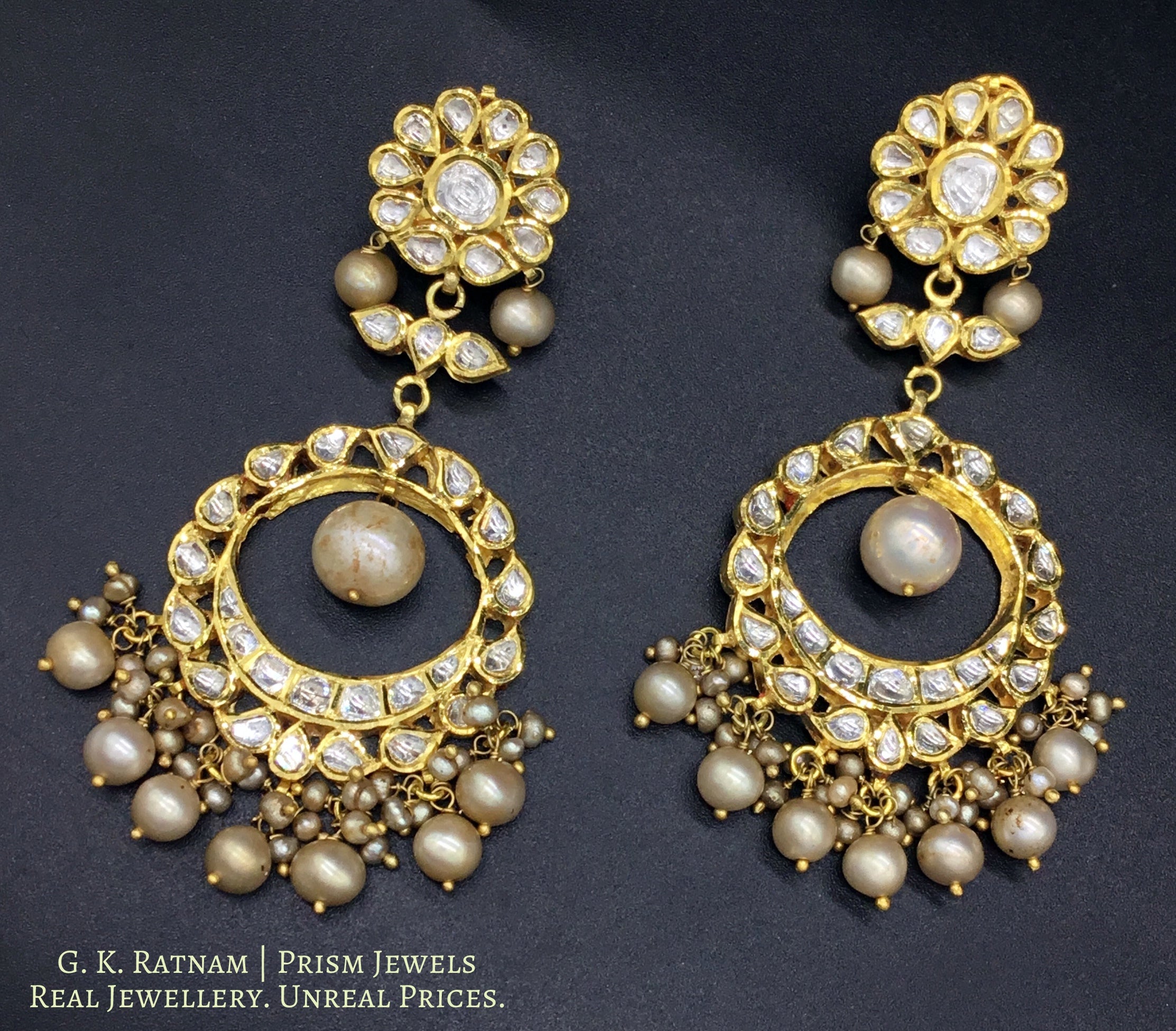 Traditional Gold and Diamond Polki Chand Bali Earring Pair with Antique Pearls - gold diamond polki kundan meena jadau jewellery