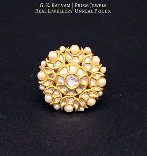 18k Gold and Diamond Polki Round Ring with Pearl Border - gold diamond polki kundan meena jadau jewellery