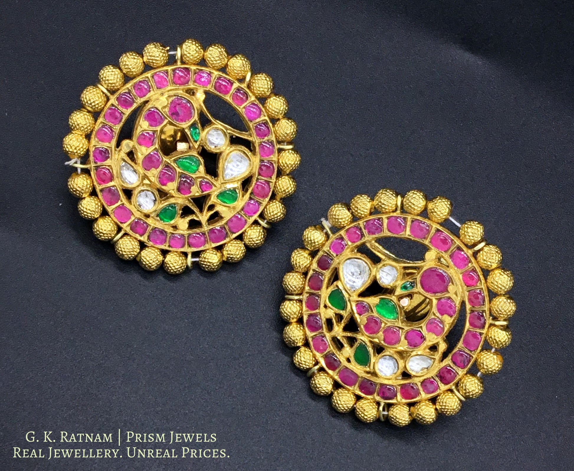18k Gold and Diamond Polki Karanphool Earring Pair with Rubies, Emeralds and a rim of gold beads - gold diamond polki kundan meena jadau jewellery