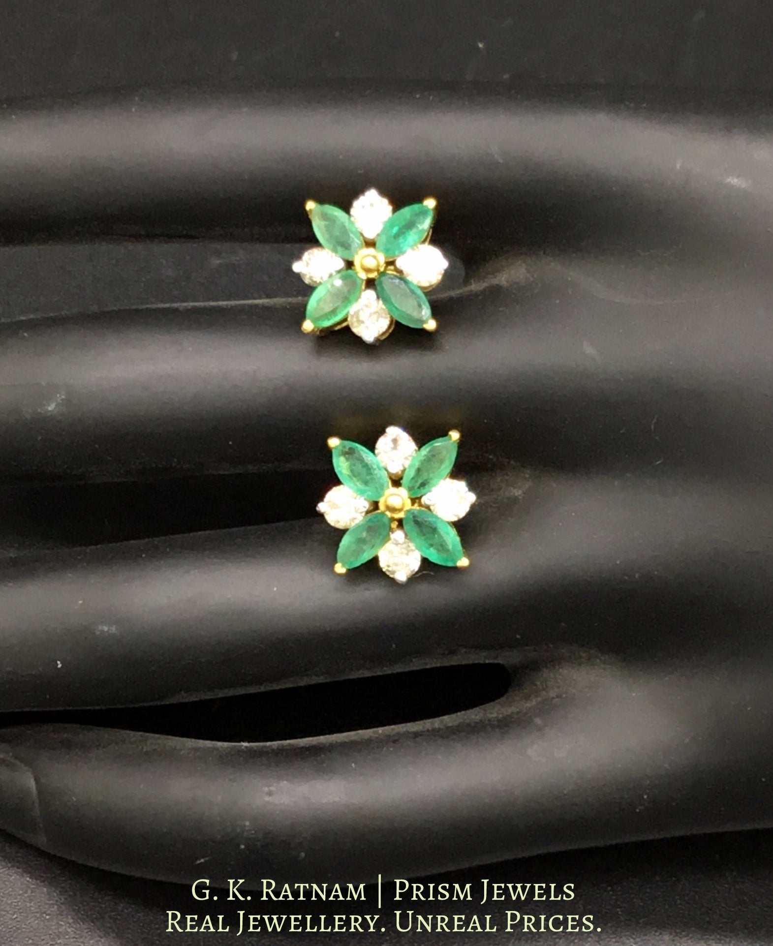 14k Gold and Diamond Tops / Studs Earring Pair with Emerald Marquises - gold diamond polki kundan meena jadau jewellery