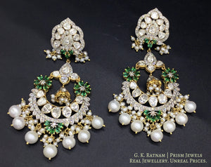 14k Gold and Diamond Polki Open Setting Chand Bali Earring Pair with Natural freshwater pearls - gold diamond polki kundan meena jadau jewellery